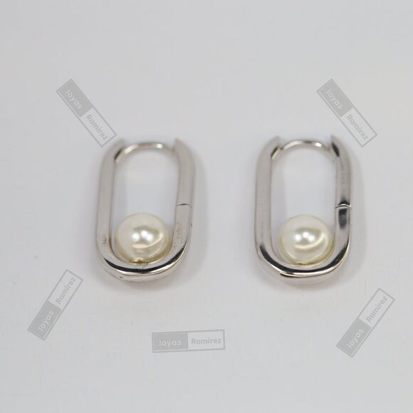 Sterling Silver Oval Pearl Earrings • Rhodium Finish • 2 cm Lightweight Design. - Picture 1 of 7